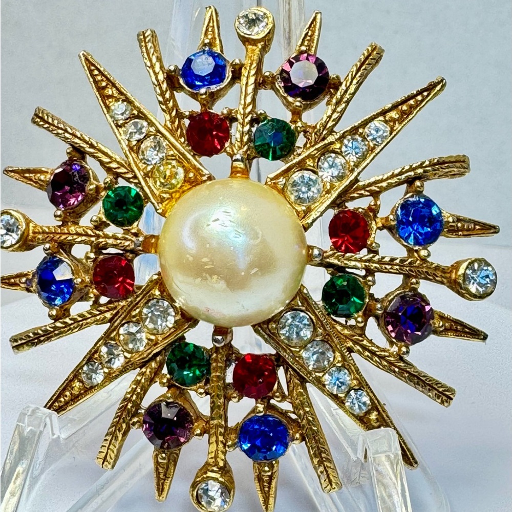 Gold-Tone Multi-Gem Starburst Brooch with Pearl Center